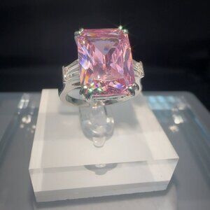 Pink Cubic Zirconia Silver Emerald Cut Ring